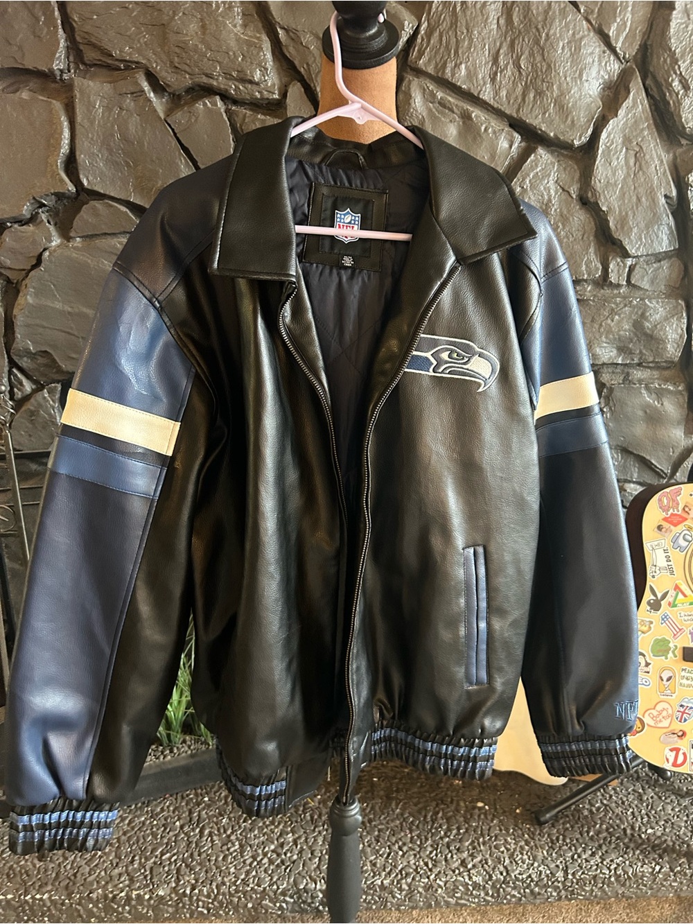 NFL Seahawks vintage Black and Navy Leather Bomber Jacket